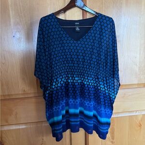 Rafaella V-Neck Lined Top With Gathered Waist. Lightweight. Size L, Blue/Black